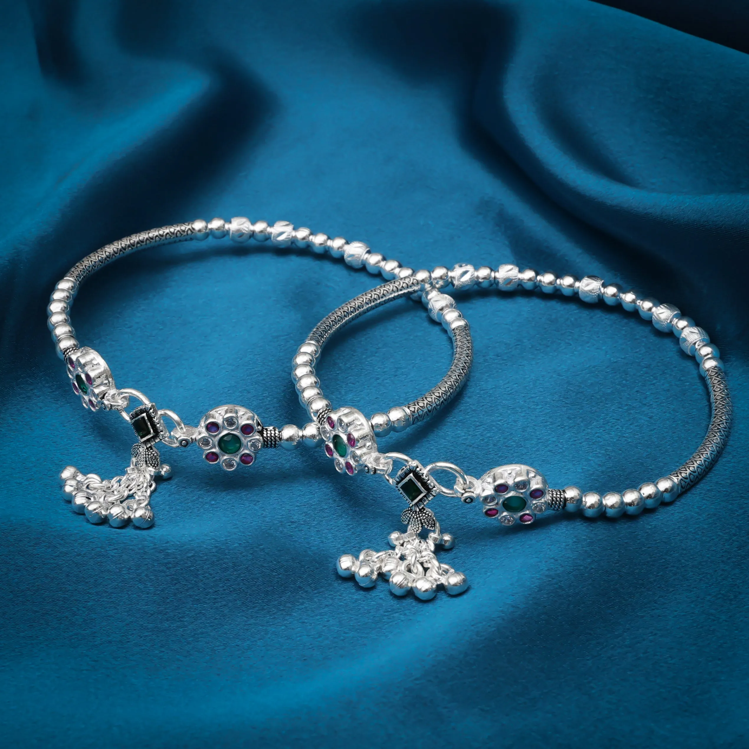 Multiple Stones Sterling Silver Kada Payal with Ghungroo
