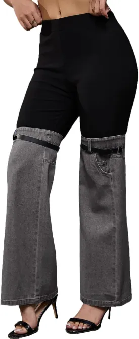 Nihsatin Women's Two Tone Denim Patchwork Flared Pants High Waisted Color Block Bell Bottom Jeans Pants