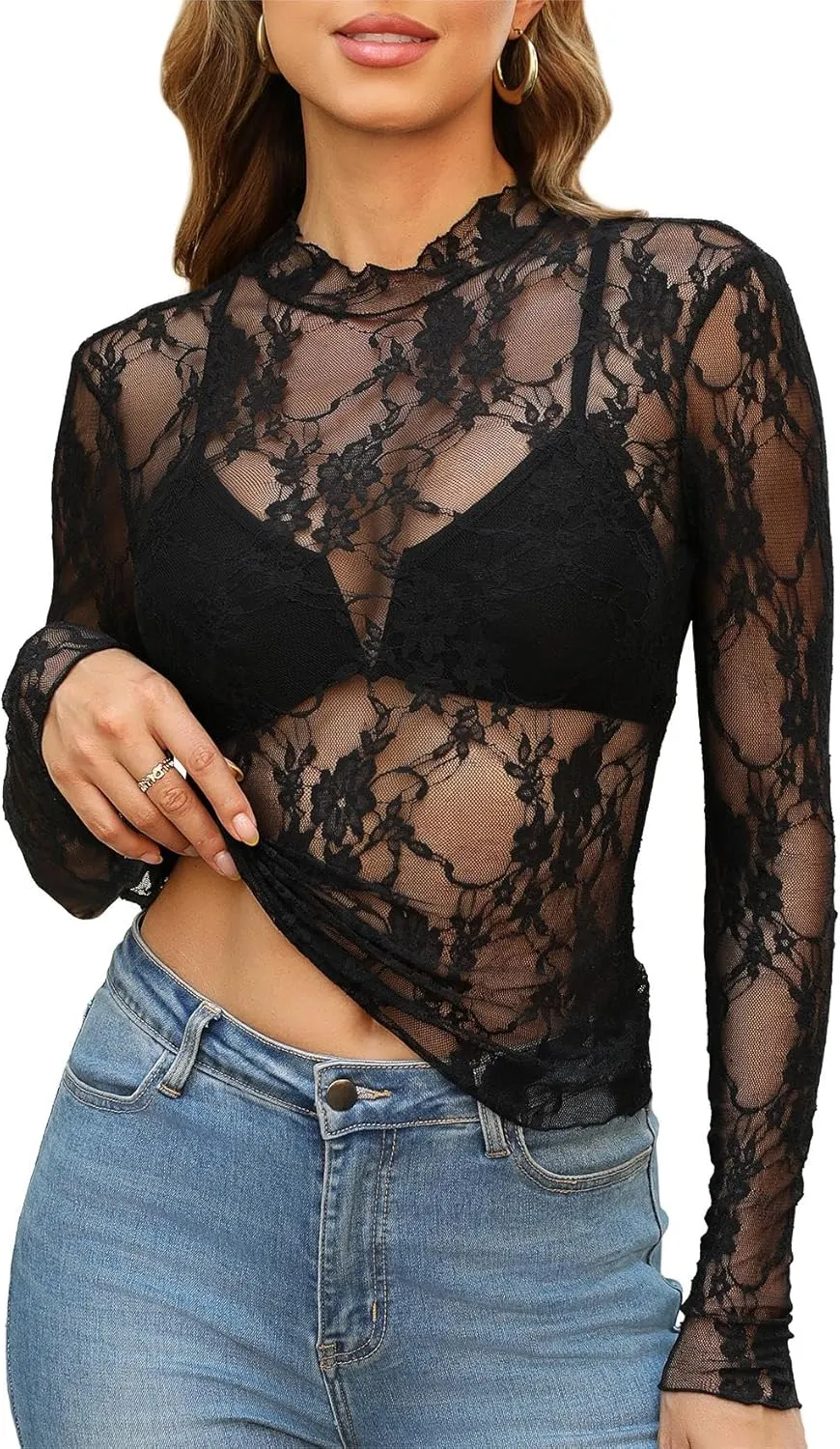OFEEFAN Womens Long Sleeve Mesh Top See Through Mock Neck Sheer Blouses