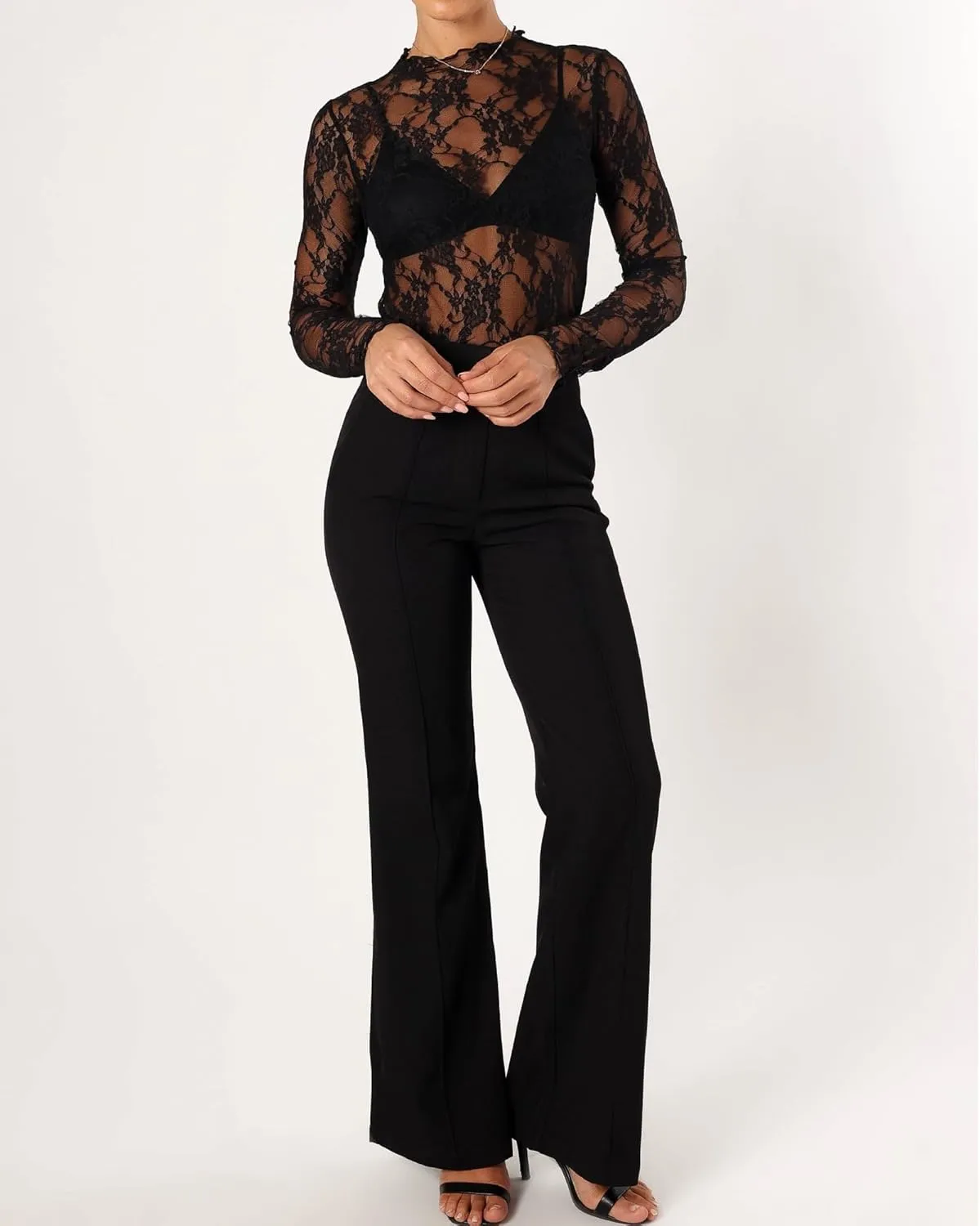 OFEEFAN Womens Long Sleeve Mesh Top See Through Mock Neck Sheer Blouses