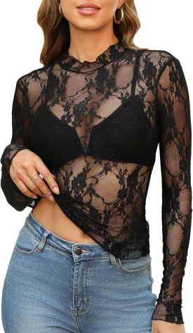 OFEEFAN Womens Long Sleeve Mesh Top See Through Mock Neck Sheer Blouses
