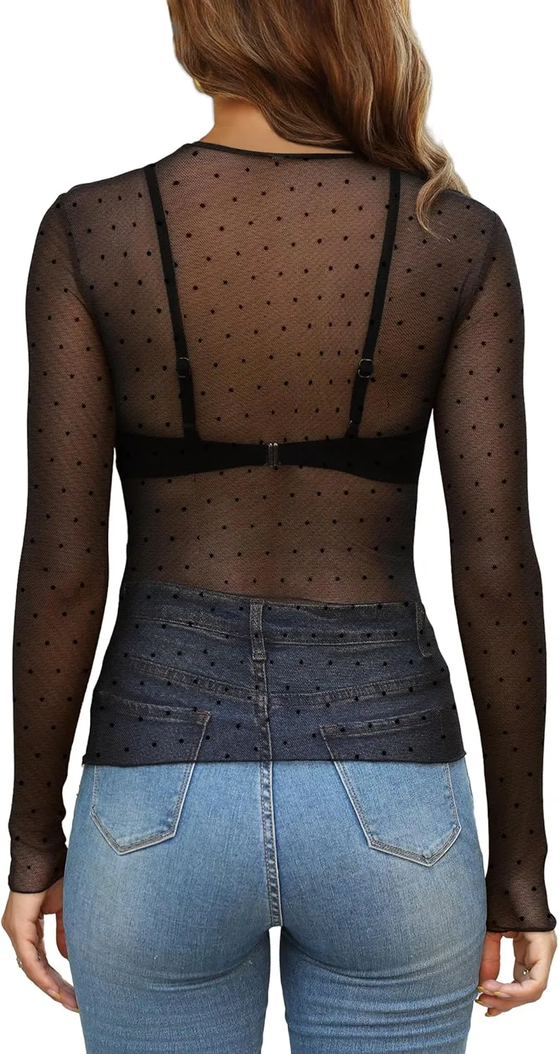 OFEEFAN Womens Mesh Tops Lace Long Sleeve Shirts Crewneck Slim Fitted Outfits See Through Blouses