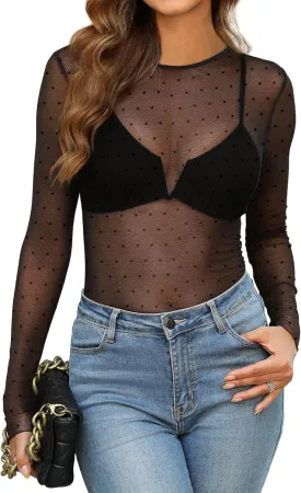 OFEEFAN Womens Mesh Tops Lace Long Sleeve Shirts Crewneck Slim Fitted Outfits See Through Blouses