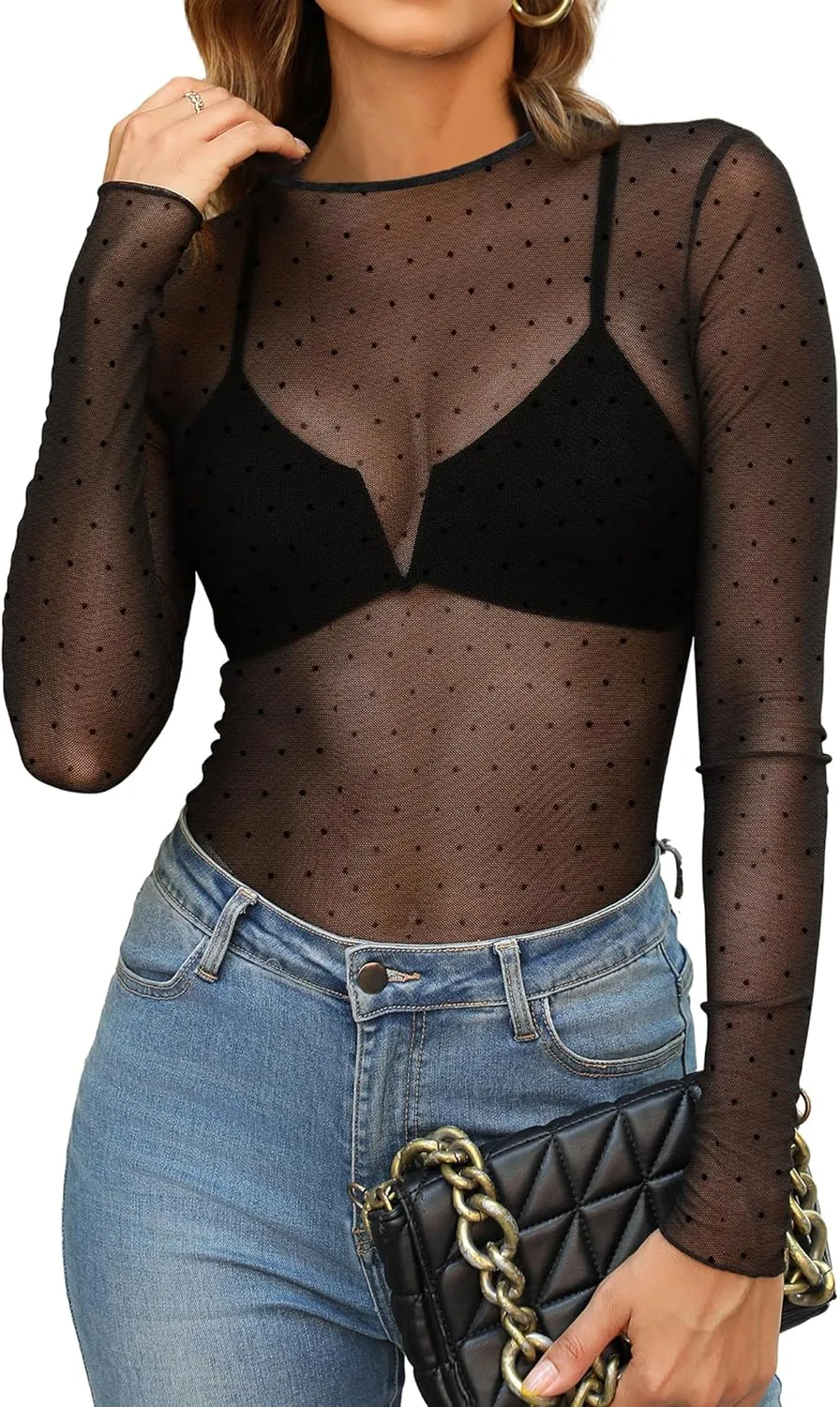 OFEEFAN Womens Mesh Tops Lace Long Sleeve Shirts Crewneck Slim Fitted Outfits See Through Blouses