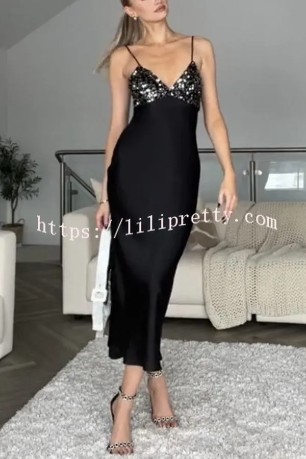 Party on My Mind Sequin Satin Patchwork Slip Stretch Midi Dress