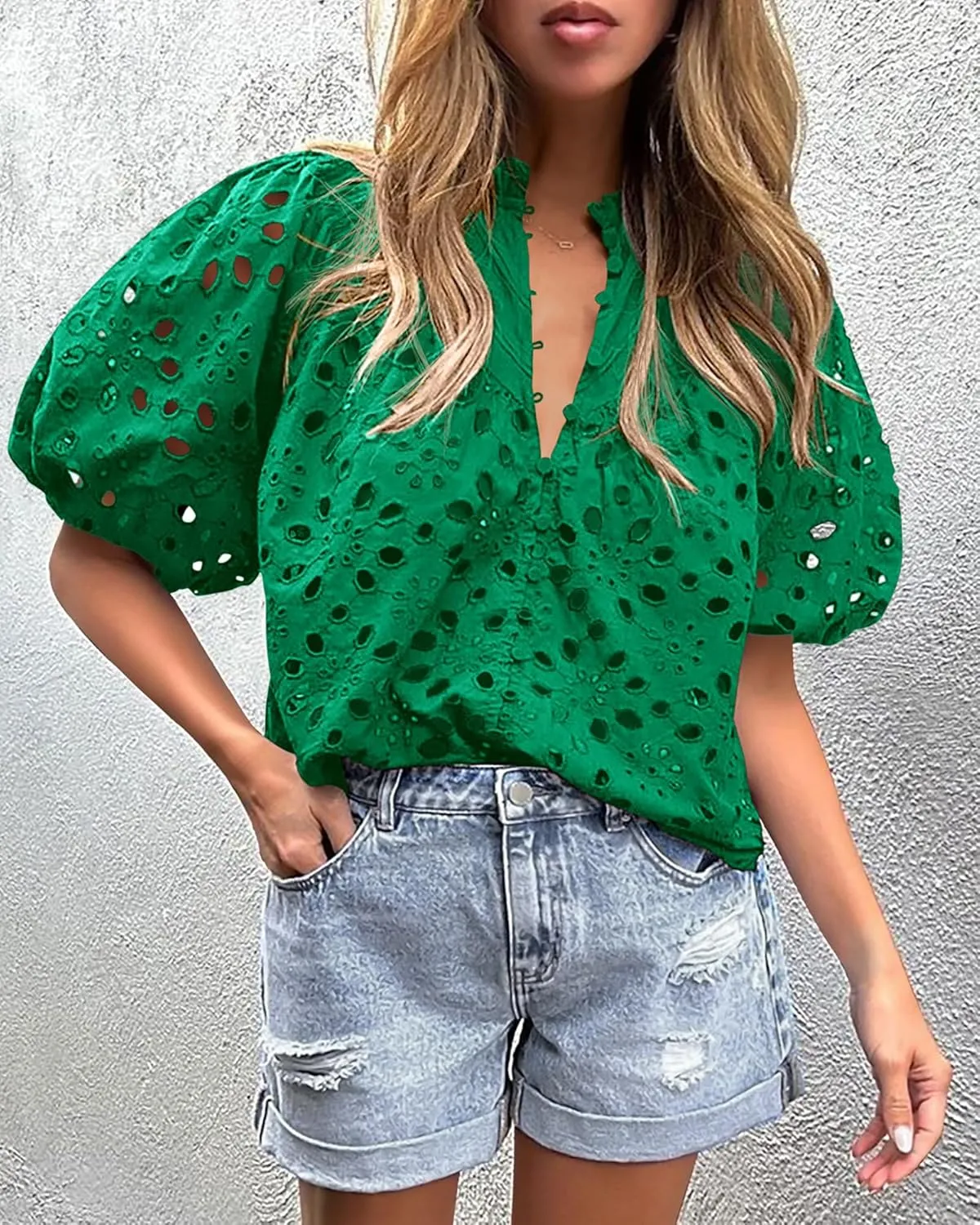PRETTYGARDEN Women's Summer Short Sleeve Tops 2025 Dressy Casual Buttons V Neck Hollow Out Lace Embroidered Blouses Shirts