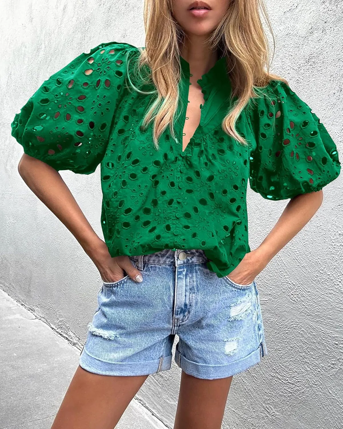 PRETTYGARDEN Women's Summer Short Sleeve Tops 2025 Dressy Casual Buttons V Neck Hollow Out Lace Embroidered Blouses Shirts