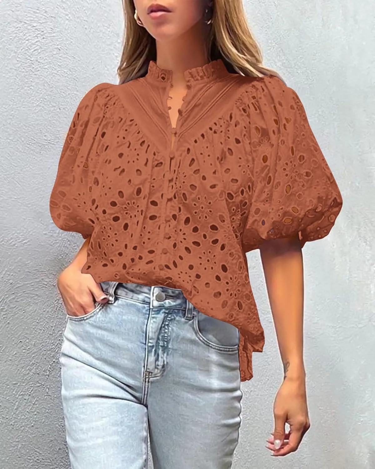 PRETTYGARDEN Women's Summer Short Sleeve Tops 2025 Dressy Casual Buttons V Neck Hollow Out Lace Embroidered Blouses Shirts