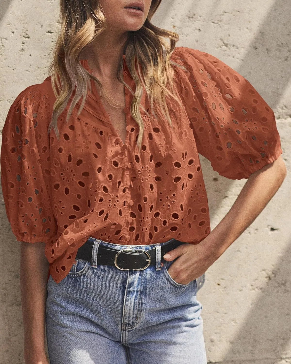 PRETTYGARDEN Women's Summer Short Sleeve Tops 2025 Dressy Casual Buttons V Neck Hollow Out Lace Embroidered Blouses Shirts