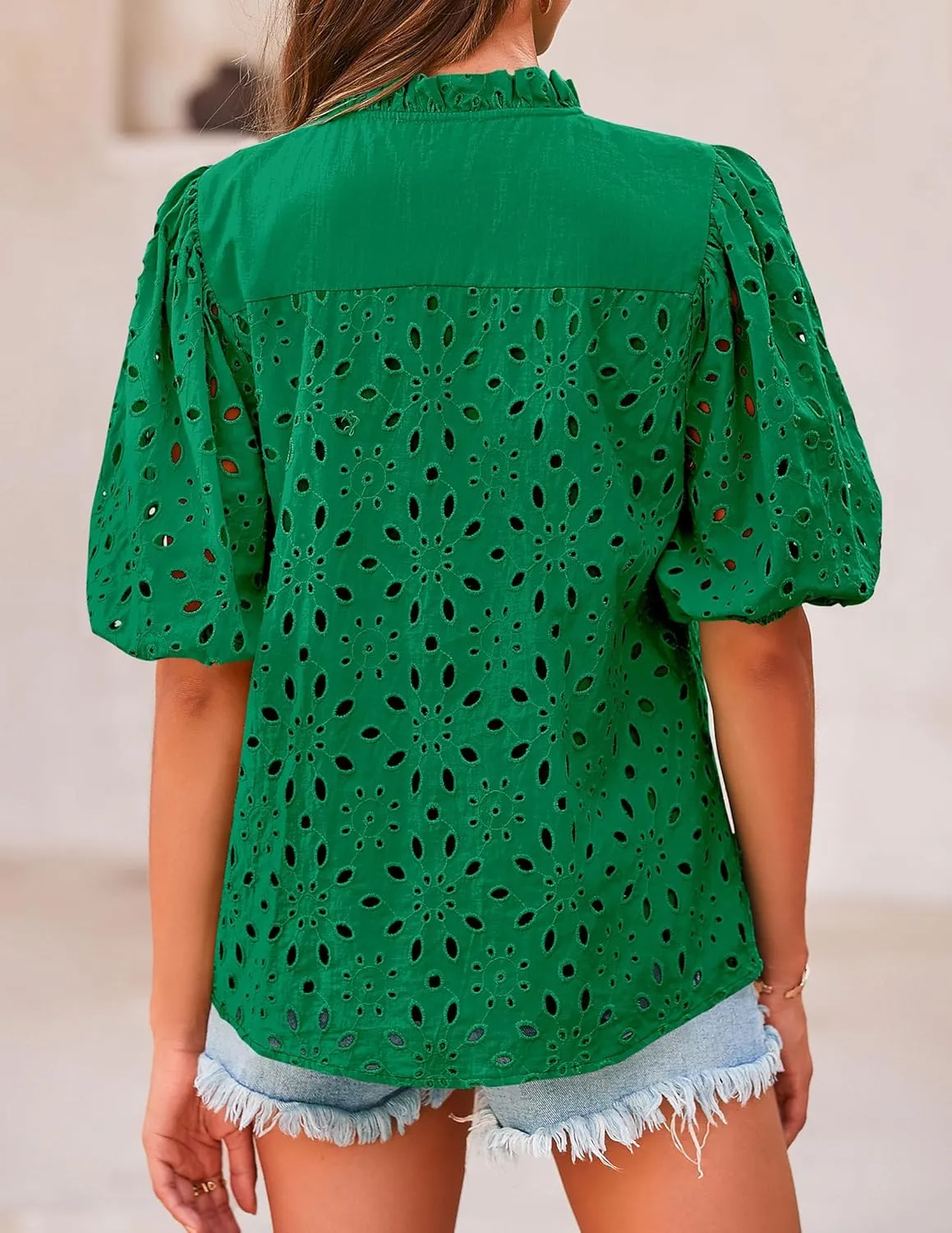 PRETTYGARDEN Women's Summer Short Sleeve Tops 2025 Dressy Casual Buttons V Neck Hollow Out Lace Embroidered Blouses Shirts