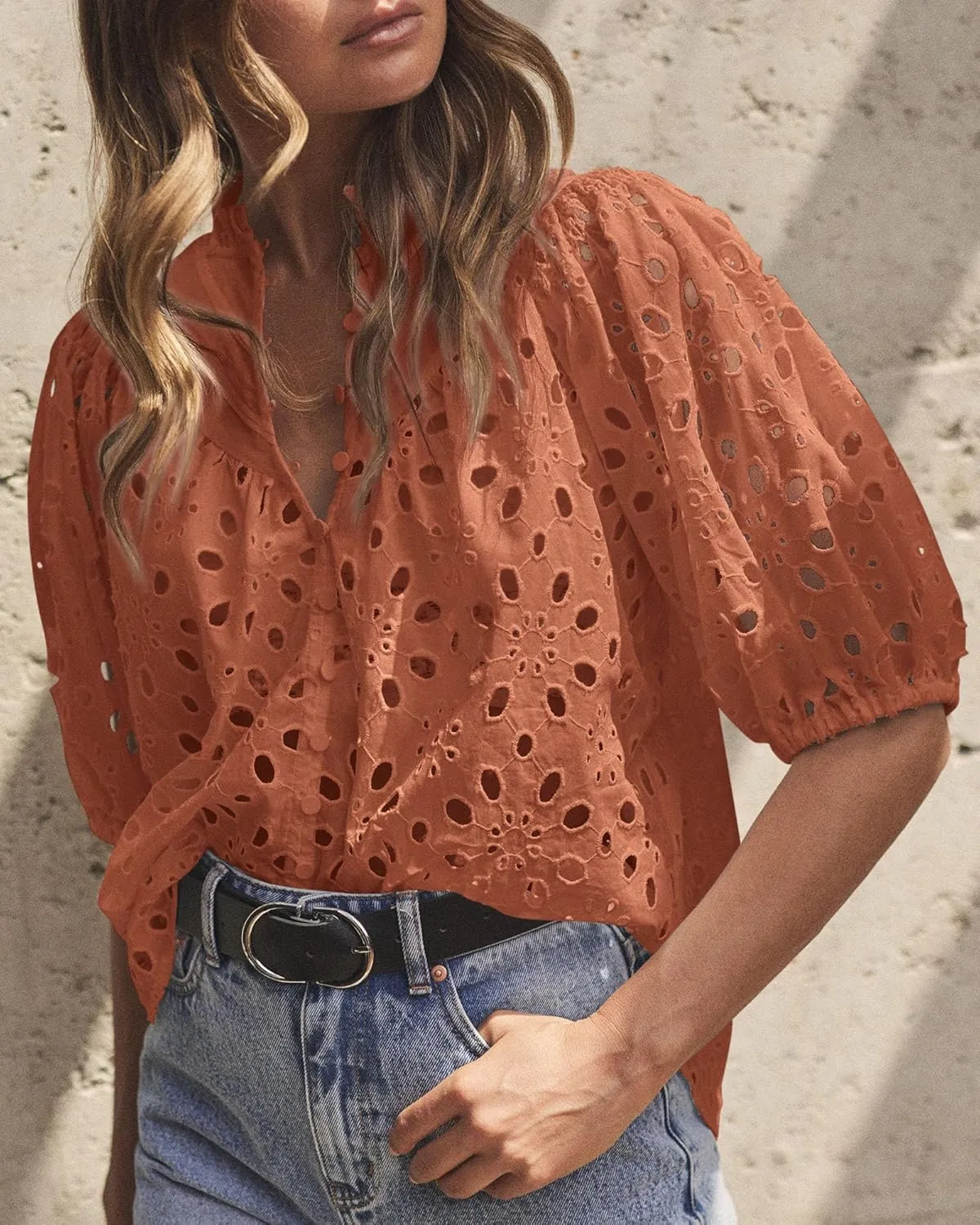PRETTYGARDEN Women's Summer Short Sleeve Tops 2025 Dressy Casual Buttons V Neck Hollow Out Lace Embroidered Blouses Shirts
