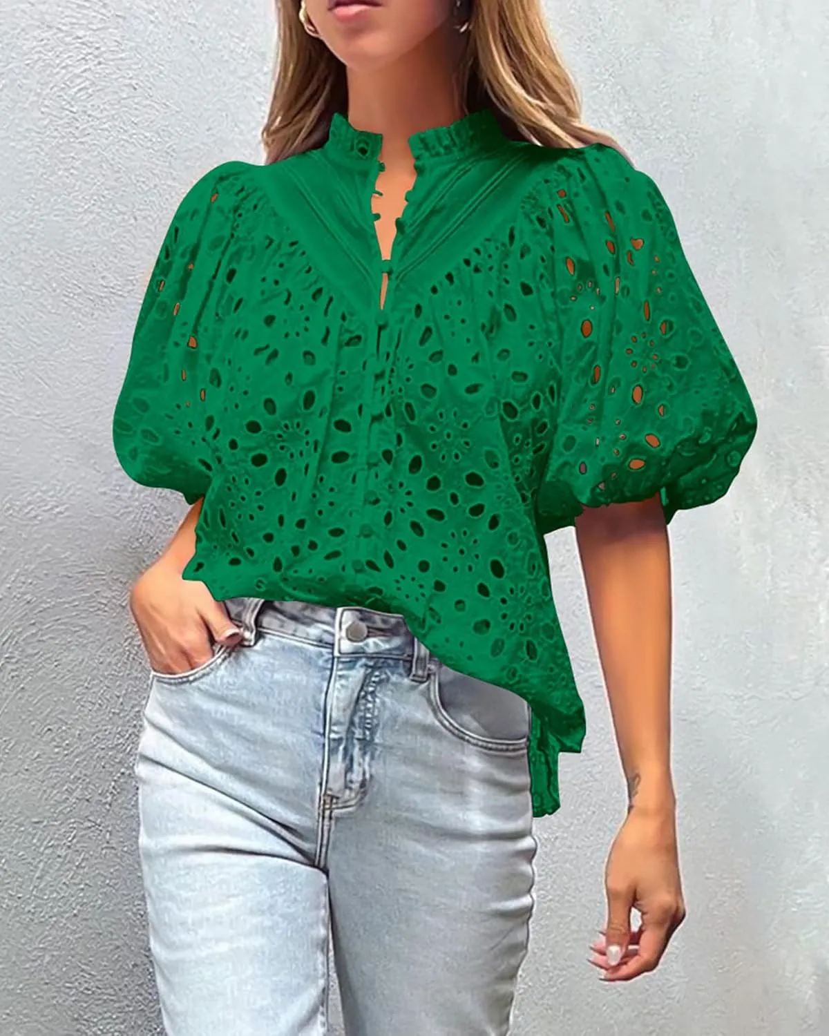 PRETTYGARDEN Women's Summer Short Sleeve Tops 2025 Dressy Casual Buttons V Neck Hollow Out Lace Embroidered Blouses Shirts