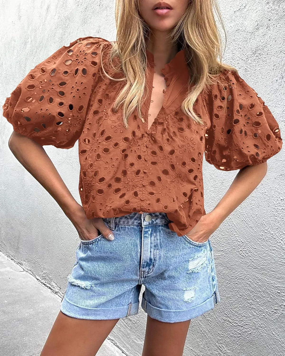 PRETTYGARDEN Women's Summer Short Sleeve Tops 2025 Dressy Casual Buttons V Neck Hollow Out Lace Embroidered Blouses Shirts