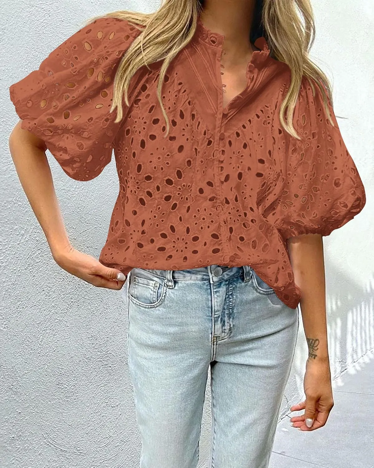 PRETTYGARDEN Women's Summer Short Sleeve Tops 2025 Dressy Casual Buttons V Neck Hollow Out Lace Embroidered Blouses Shirts