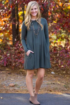 SALE-Piko Long Sleeve Swing Dress - Army