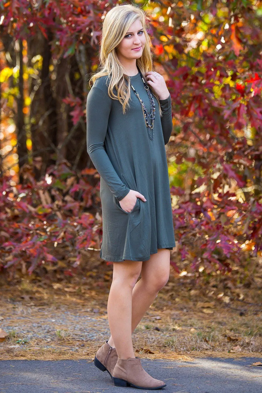 SALE-Piko Long Sleeve Swing Dress - Army