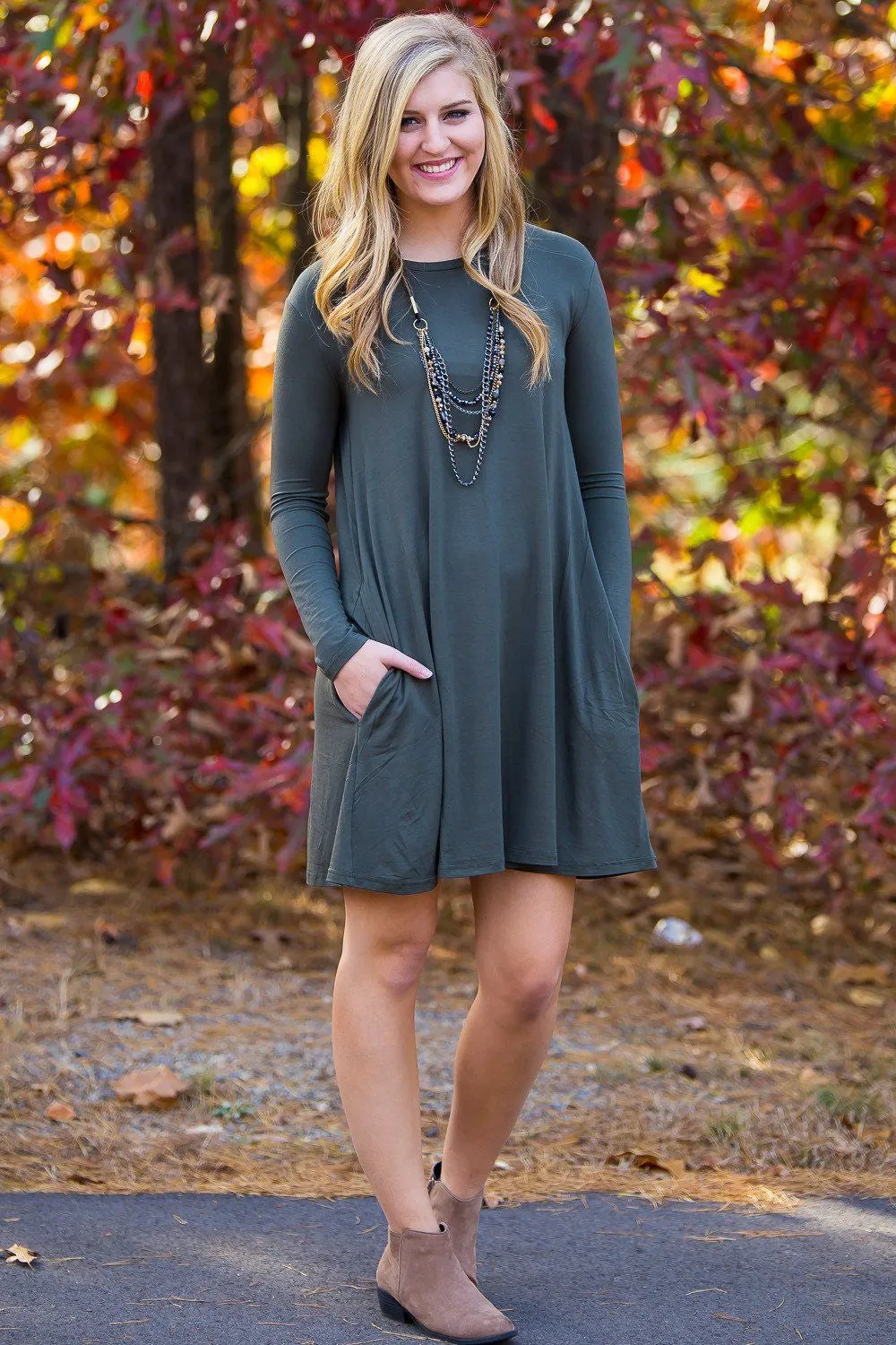 SALE-Piko Long Sleeve Swing Dress - Army