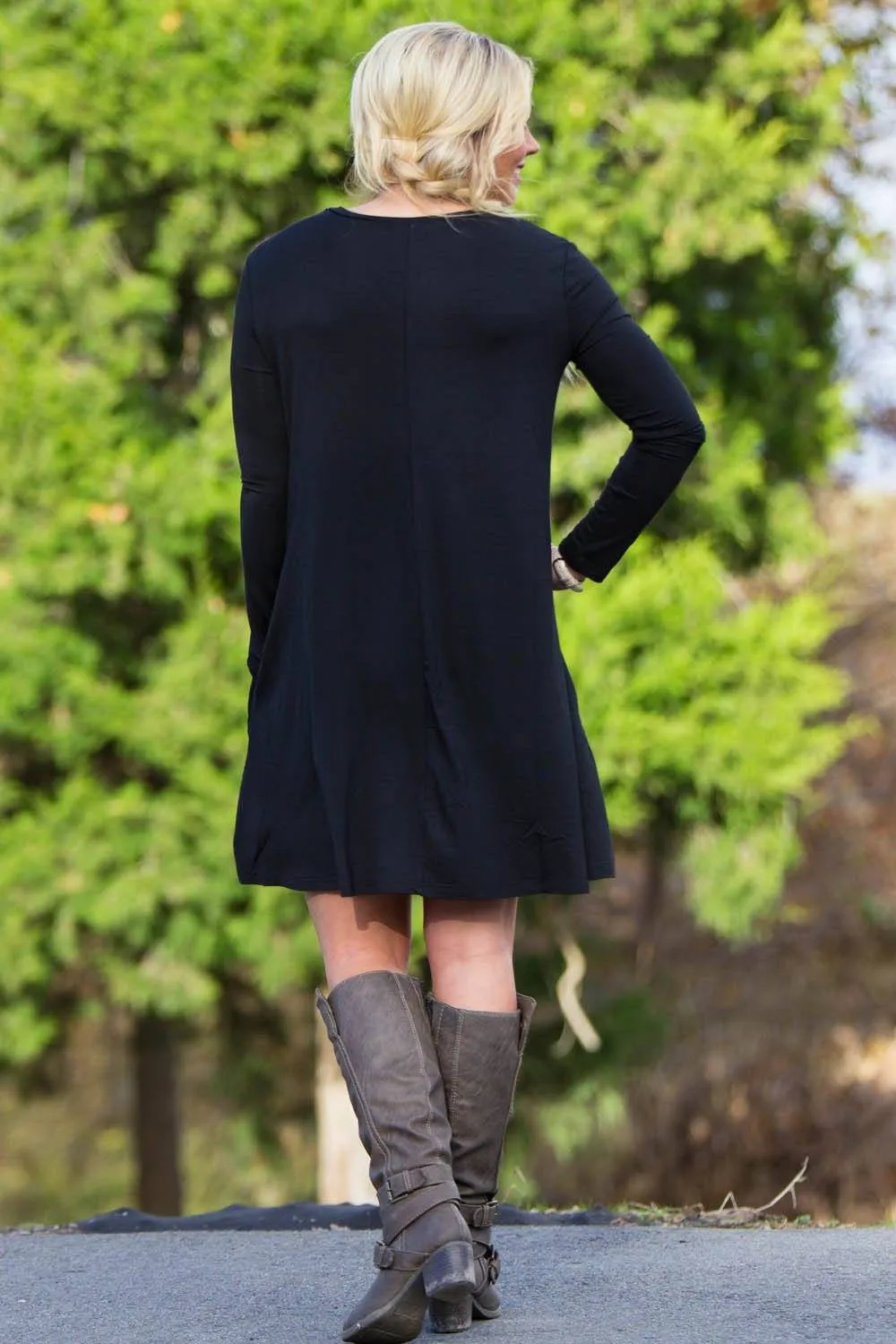 SALE-Piko Long Sleeve Swing Dress - Black