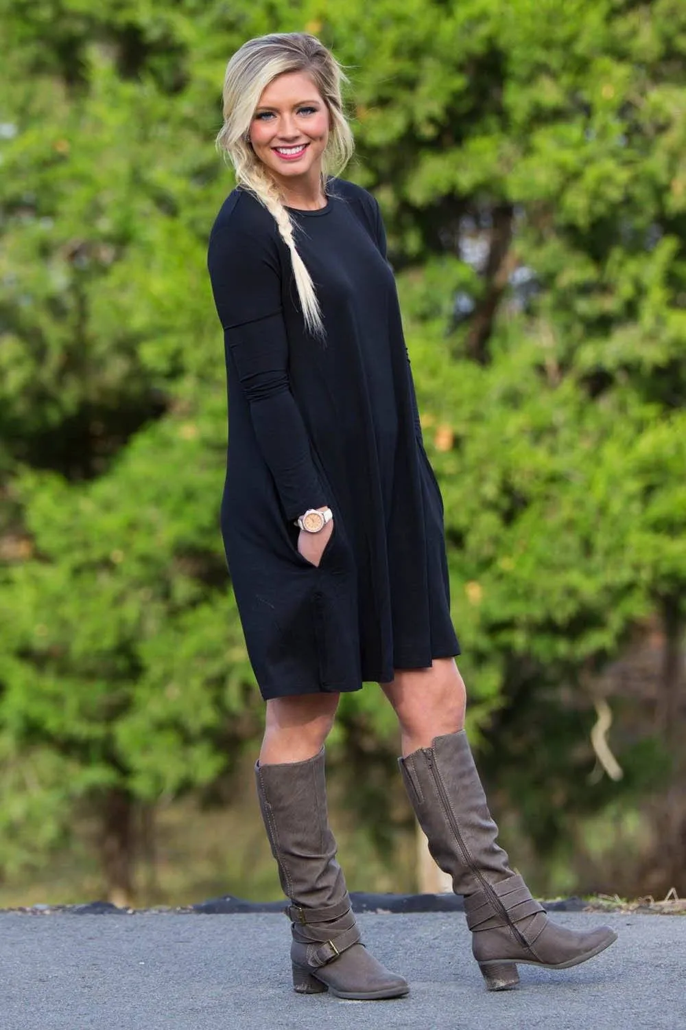 SALE-Piko Long Sleeve Swing Dress - Black