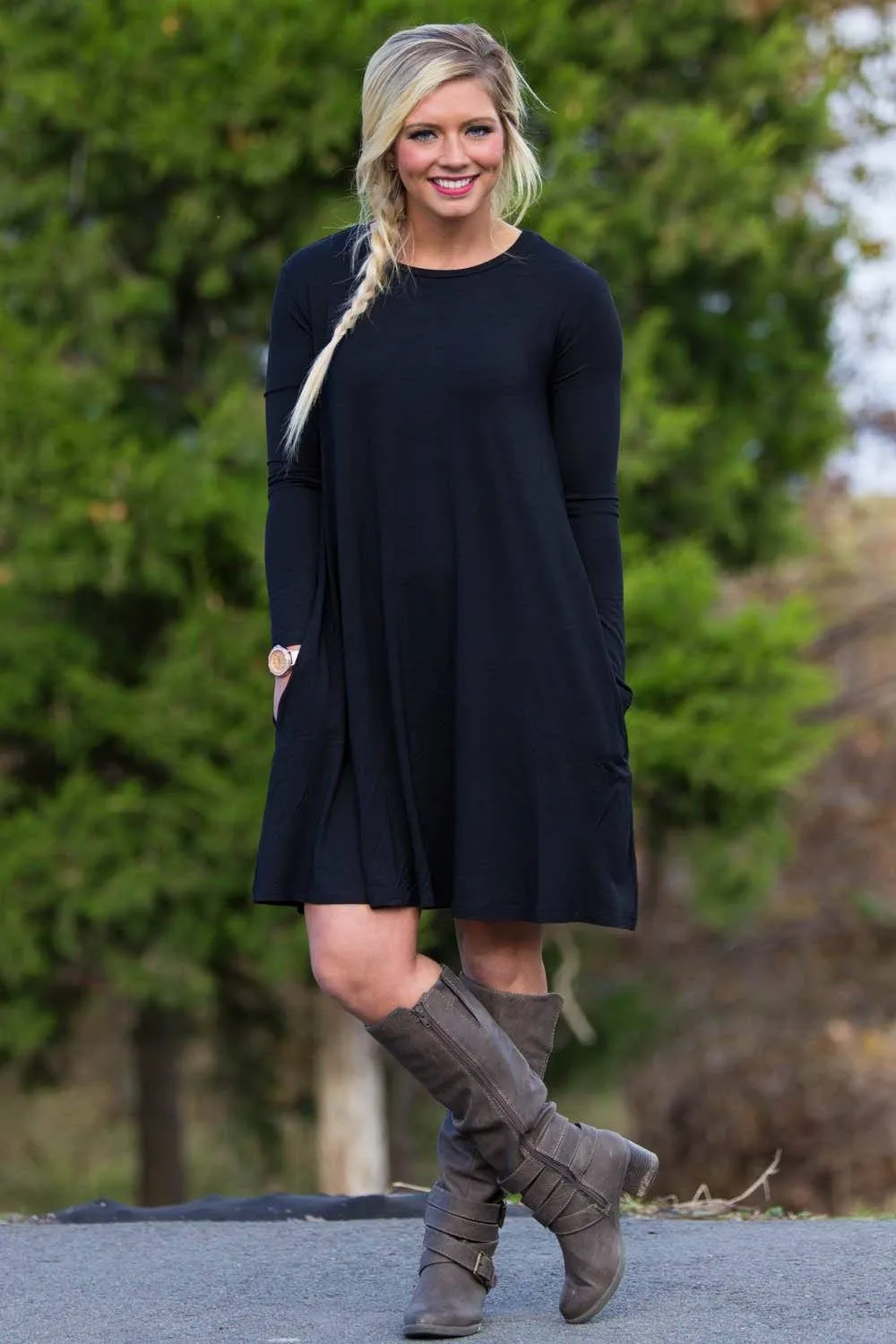 SALE-Piko Long Sleeve Swing Dress - Black