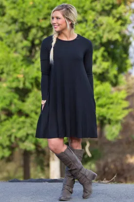 SALE-Piko Long Sleeve Swing Dress - Black