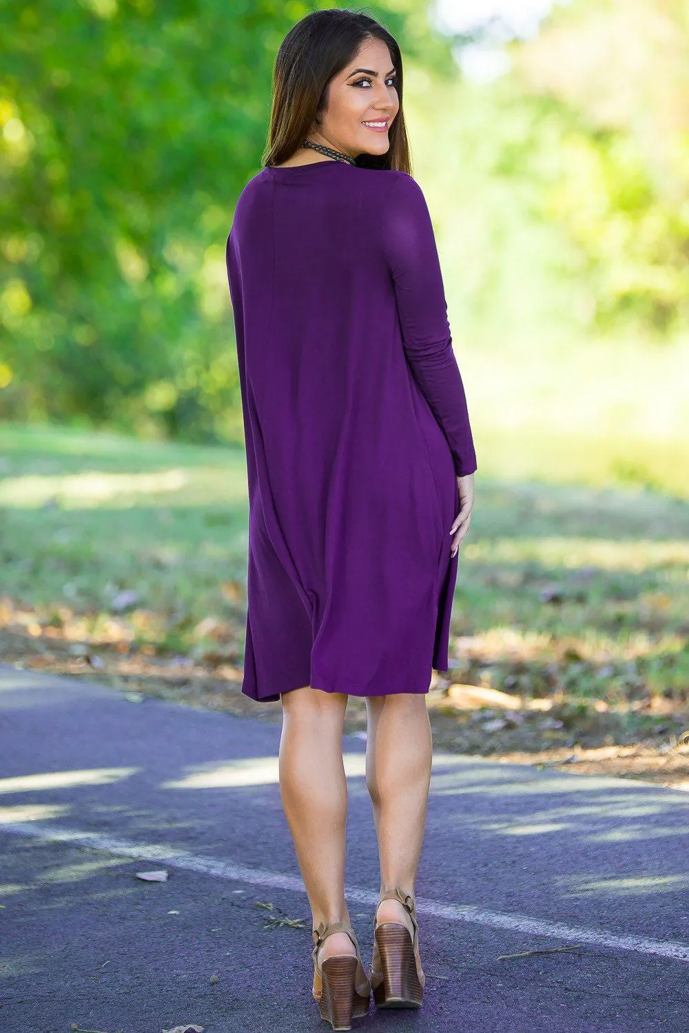 SALE-Piko Long Sleeve Swing Dress - Dark Purple