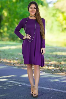 SALE-Piko Long Sleeve Swing Dress - Dark Purple