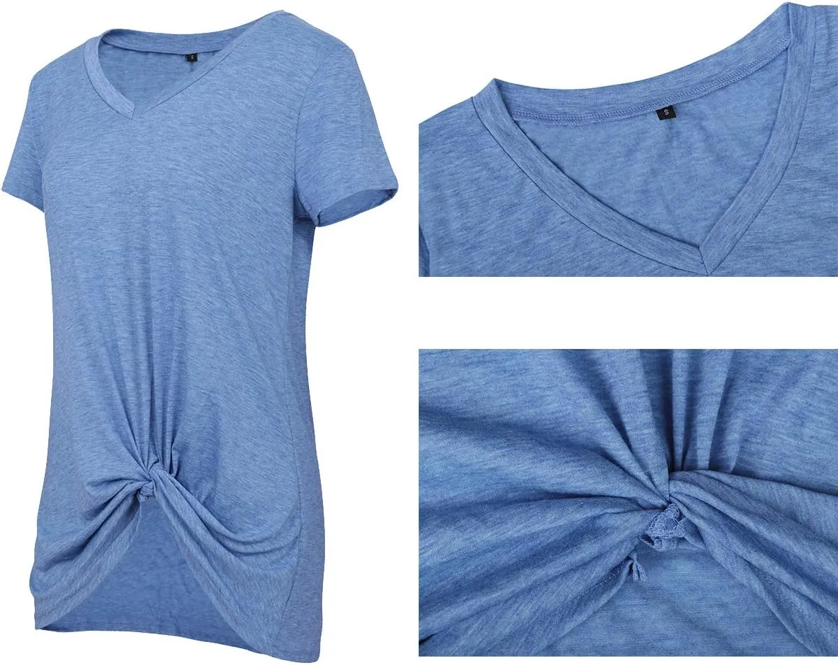 SHIBEVER Women's Tops Short Sleeve Twist Knotted T Shirts Summer Blouse Tunic Tops S-2XL