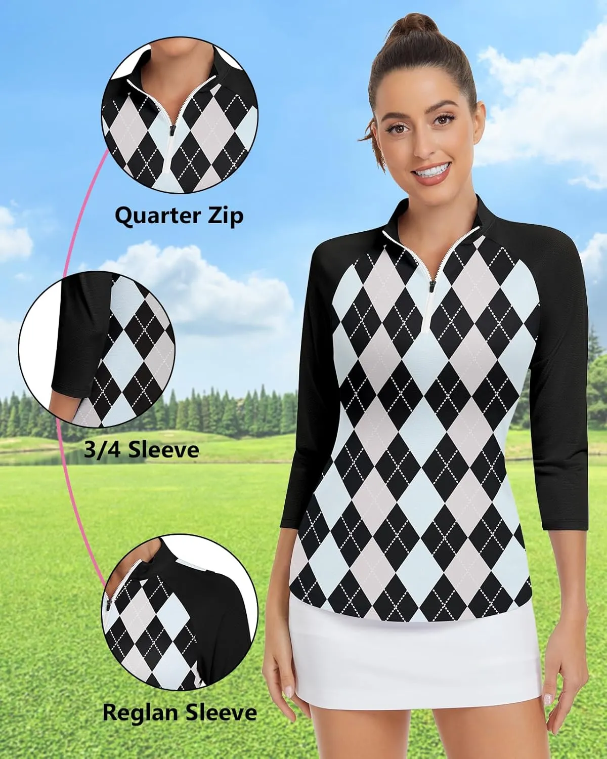Soneven Womens 3/4 Sleeve Shirt UPF 50  Moisture Wicking Golf Polo Shirt for Casual Work