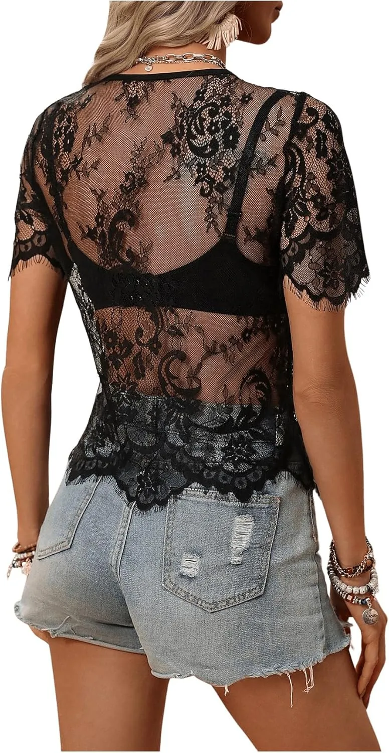 SweatyRocks Women's Floral Lace Sheer See Through Blouse Short Sleeve Crewneck Scallop Trim Shirts Tops