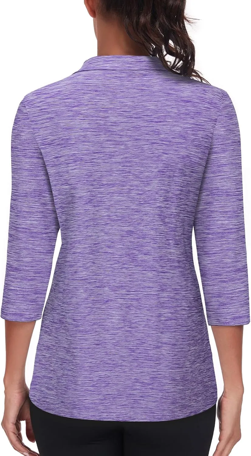 Tanst Sky Womens Golf Polo Shirts Zipper 3/4 Sleeve Moisture Wicking Tops UPF 50  Workout Tennis Apparel