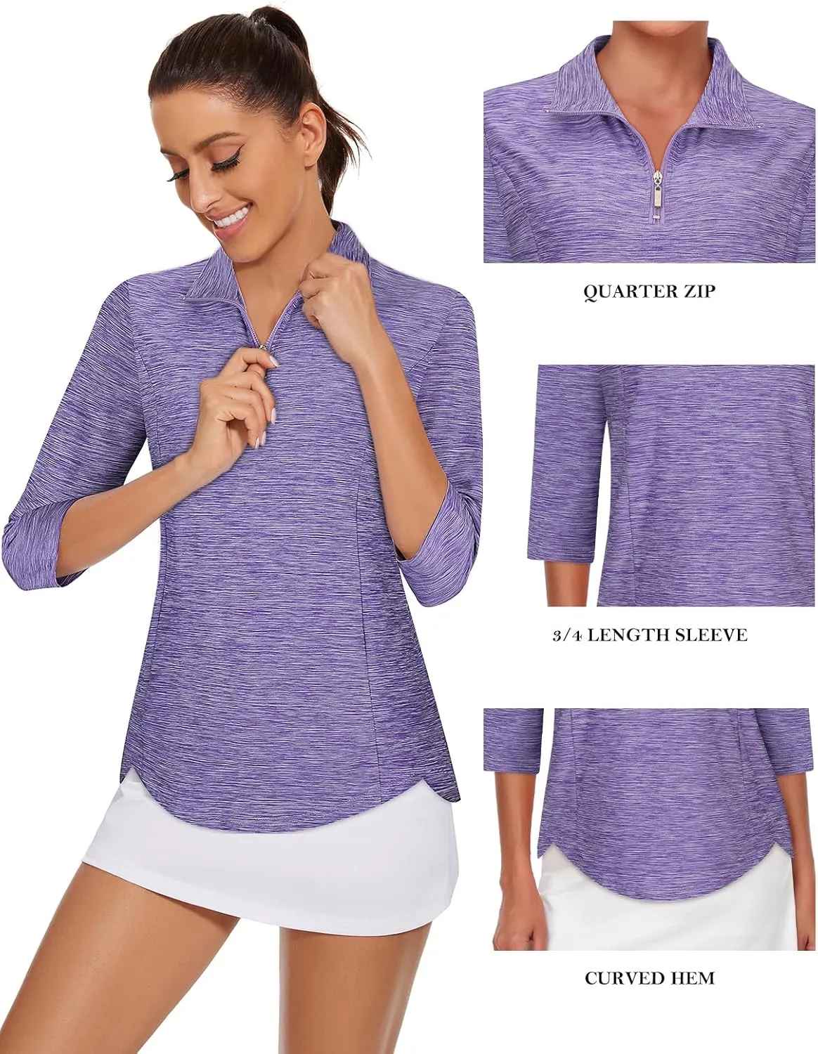 Tanst Sky Womens Golf Polo Shirts Zipper 3/4 Sleeve Moisture Wicking Tops UPF 50  Workout Tennis Apparel