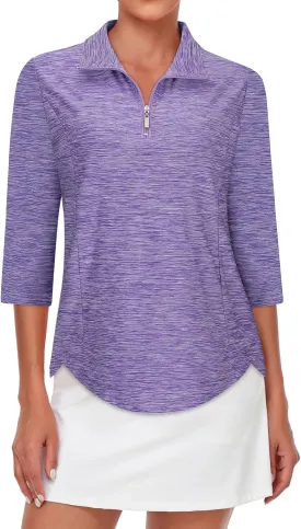 Tanst Sky Womens Golf Polo Shirts Zipper 3/4 Sleeve Moisture Wicking Tops UPF 50  Workout Tennis Apparel