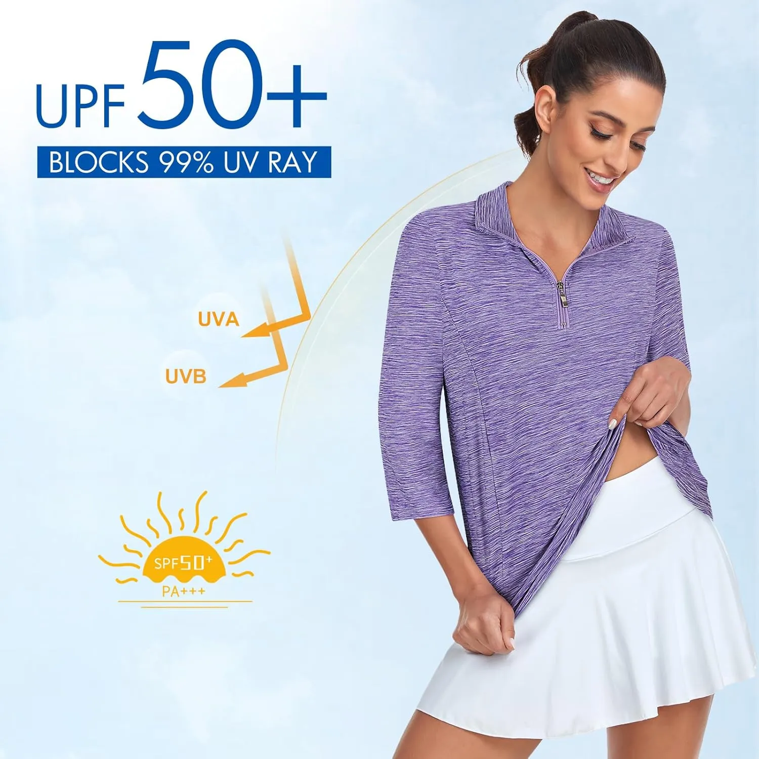 Tanst Sky Womens Golf Polo Shirts Zipper 3/4 Sleeve Moisture Wicking Tops UPF 50  Workout Tennis Apparel