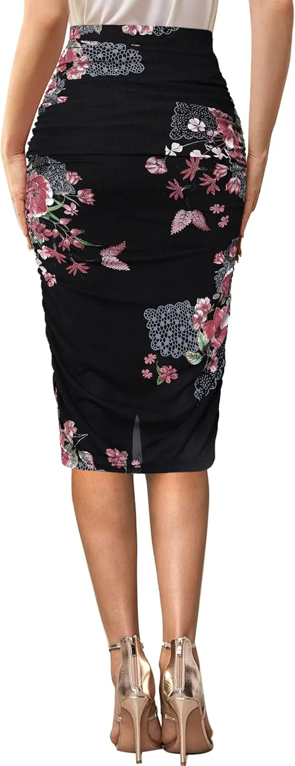 VFSHOW Womens Ruched Ruffle High Waist Asymmetric Wrap Casual Wok Office Party Slim Fitted Bodycon Pencil Midi Mid-Calf Skirt