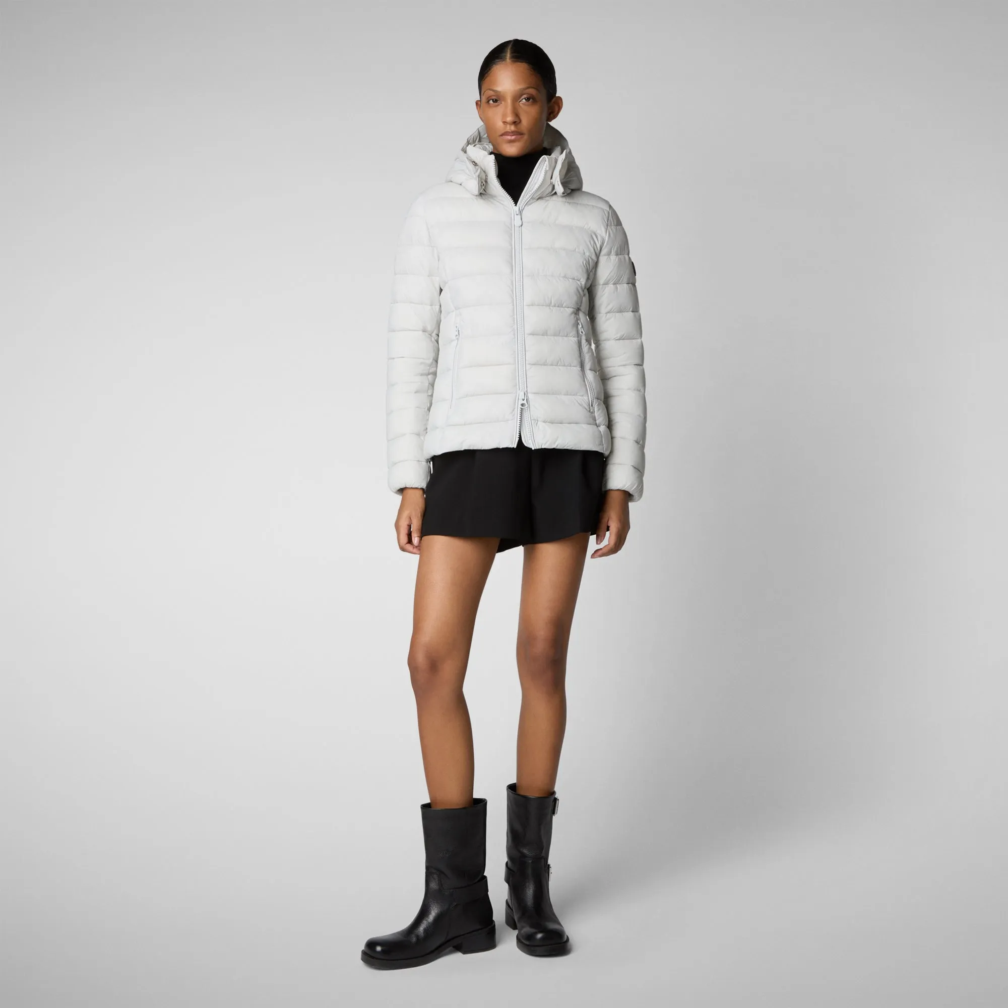 Woman's animal free hooded puffer jacket Amelie in fog grey