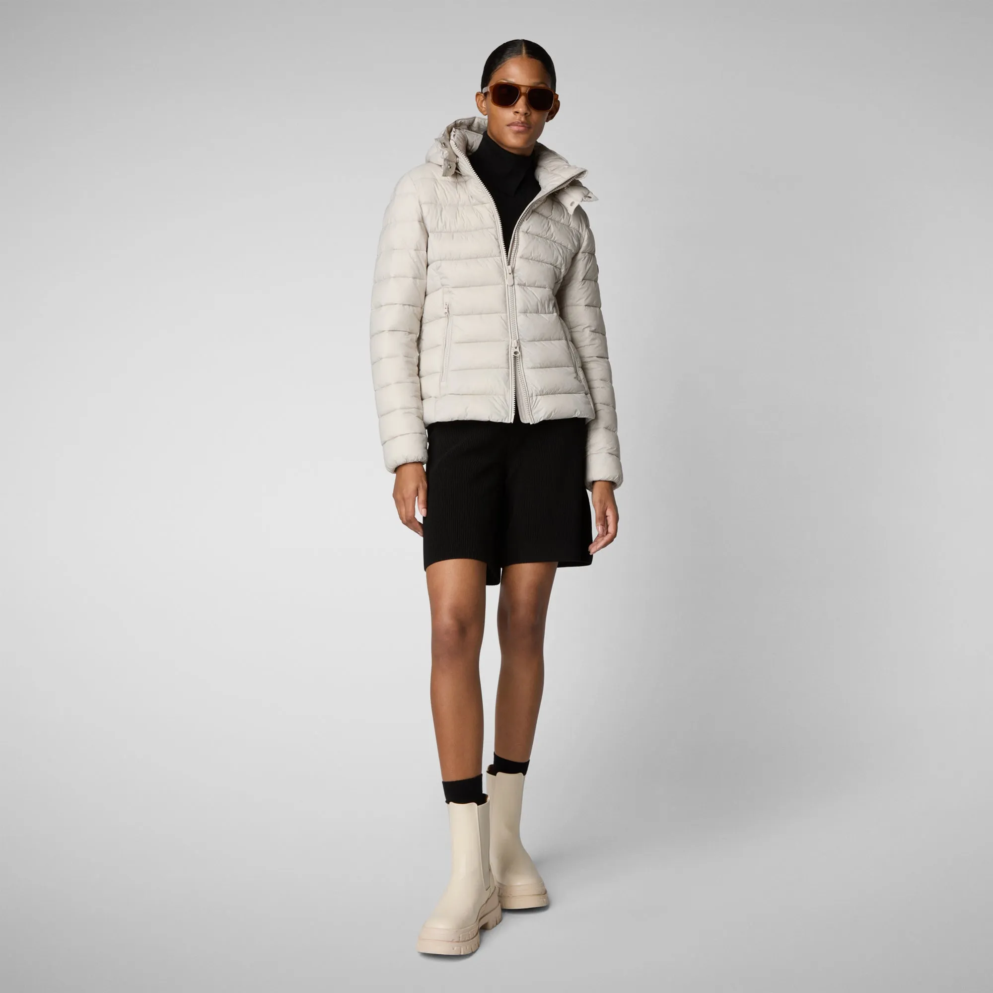 Woman's animal free hooded puffer jacket Amelie in rainy beige