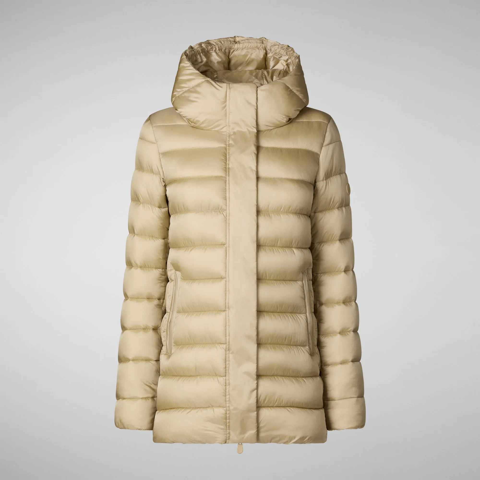 Woman's animal free hooded puffer jacket Drimia in wood beige