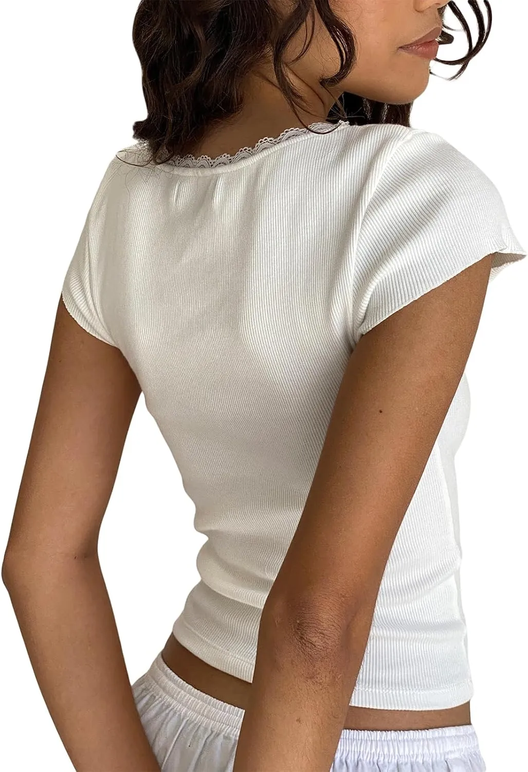 Women Square Neck Shorts Sleeve Cropped T Shirts Slim Fit Lace Trim Crop Top Y2K Ribbed Shirt Going Out Tops Tee
