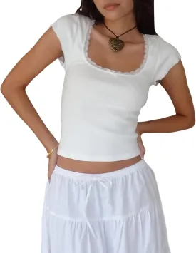 Women Square Neck Shorts Sleeve Cropped T Shirts Slim Fit Lace Trim Crop Top Y2K Ribbed Shirt Going Out Tops Tee
