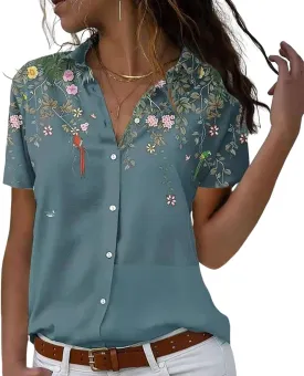 Womens Button Down Shirts Short Sleeve Summer Linen V Neck Collared Hawaiian Floral Print Cat Casual Blouse Tops