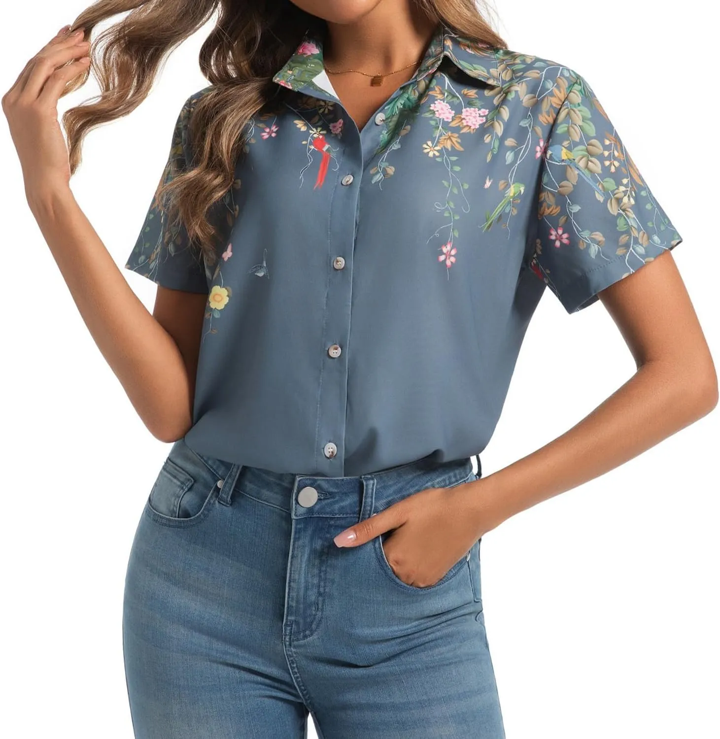 Womens Button Down Shirts Short Sleeve Summer Linen V Neck Collared Hawaiian Floral Print Cat Casual Blouse Tops