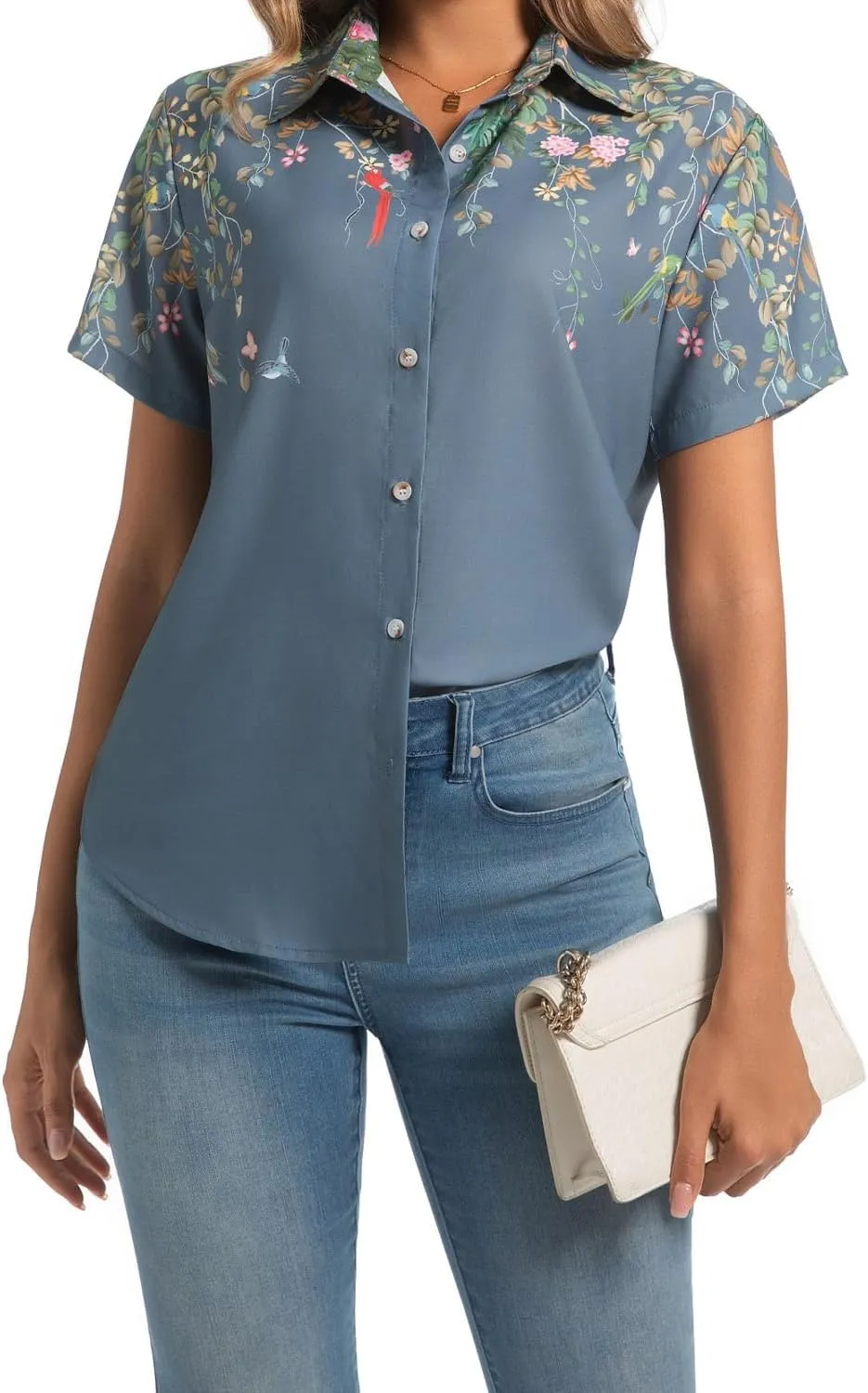 Womens Button Down Shirts Short Sleeve Summer Linen V Neck Collared Hawaiian Floral Print Cat Casual Blouse Tops