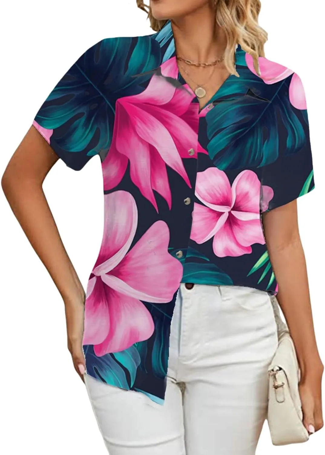 Womens Button Down Shirts Short Sleeve Summer Linen V Neck Collared Hawaiian Floral Print Cat Casual Blouse Tops