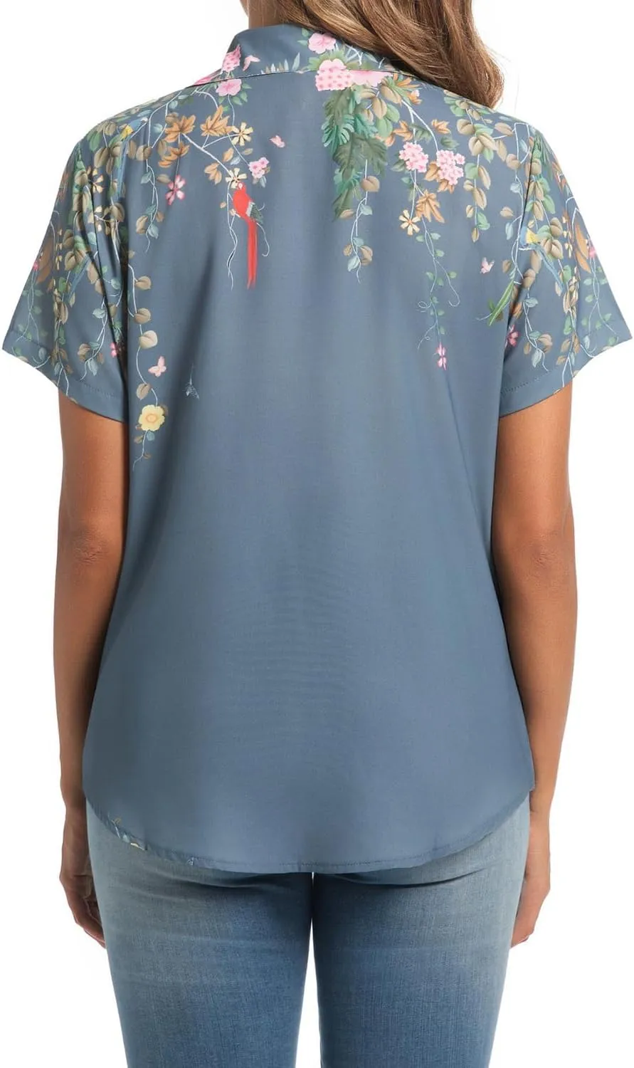 Womens Button Down Shirts Short Sleeve Summer Linen V Neck Collared Hawaiian Floral Print Cat Casual Blouse Tops