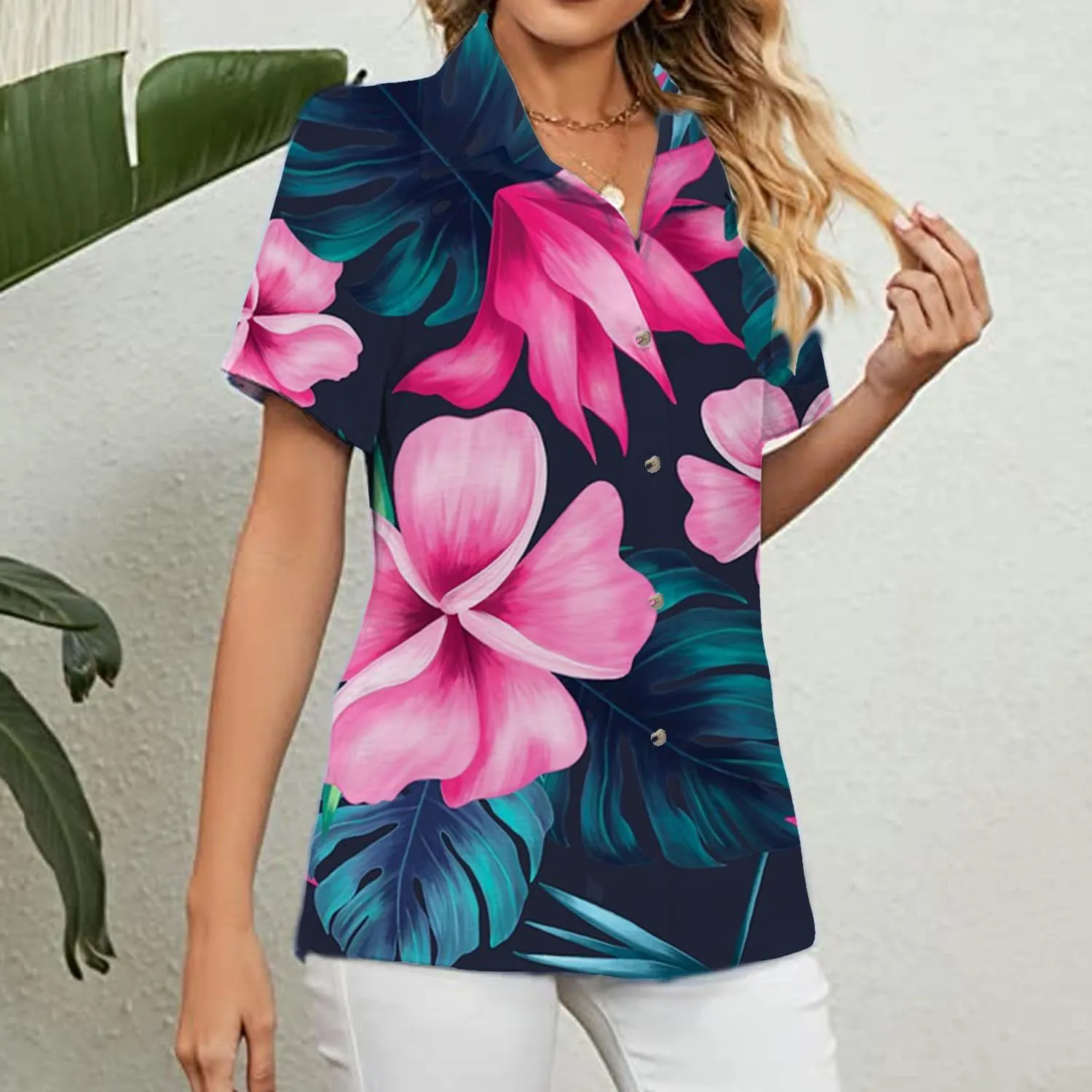 Womens Button Down Shirts Short Sleeve Summer Linen V Neck Collared Hawaiian Floral Print Cat Casual Blouse Tops
