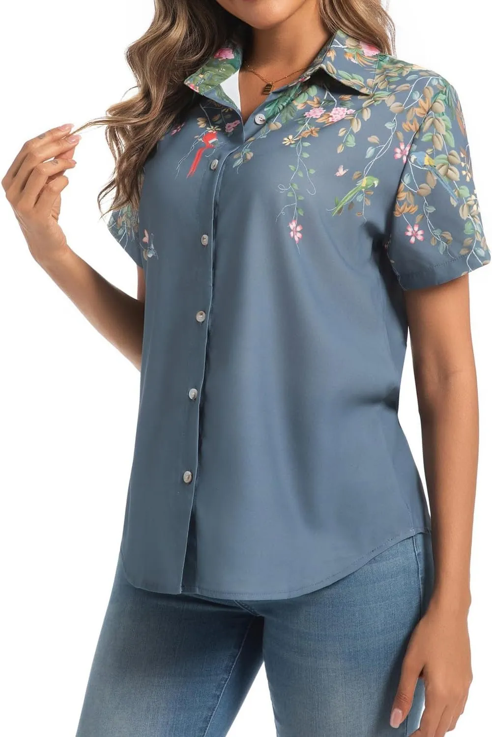 Womens Button Down Shirts Short Sleeve Summer Linen V Neck Collared Hawaiian Floral Print Cat Casual Blouse Tops