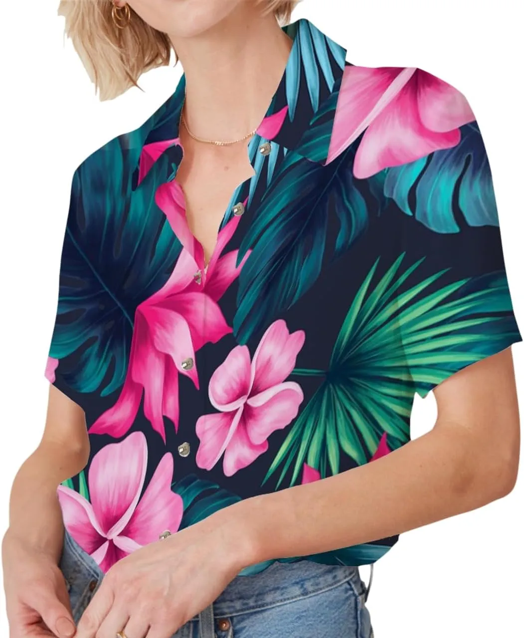 Womens Button Down Shirts Short Sleeve Summer Linen V Neck Collared Hawaiian Floral Print Cat Casual Blouse Tops