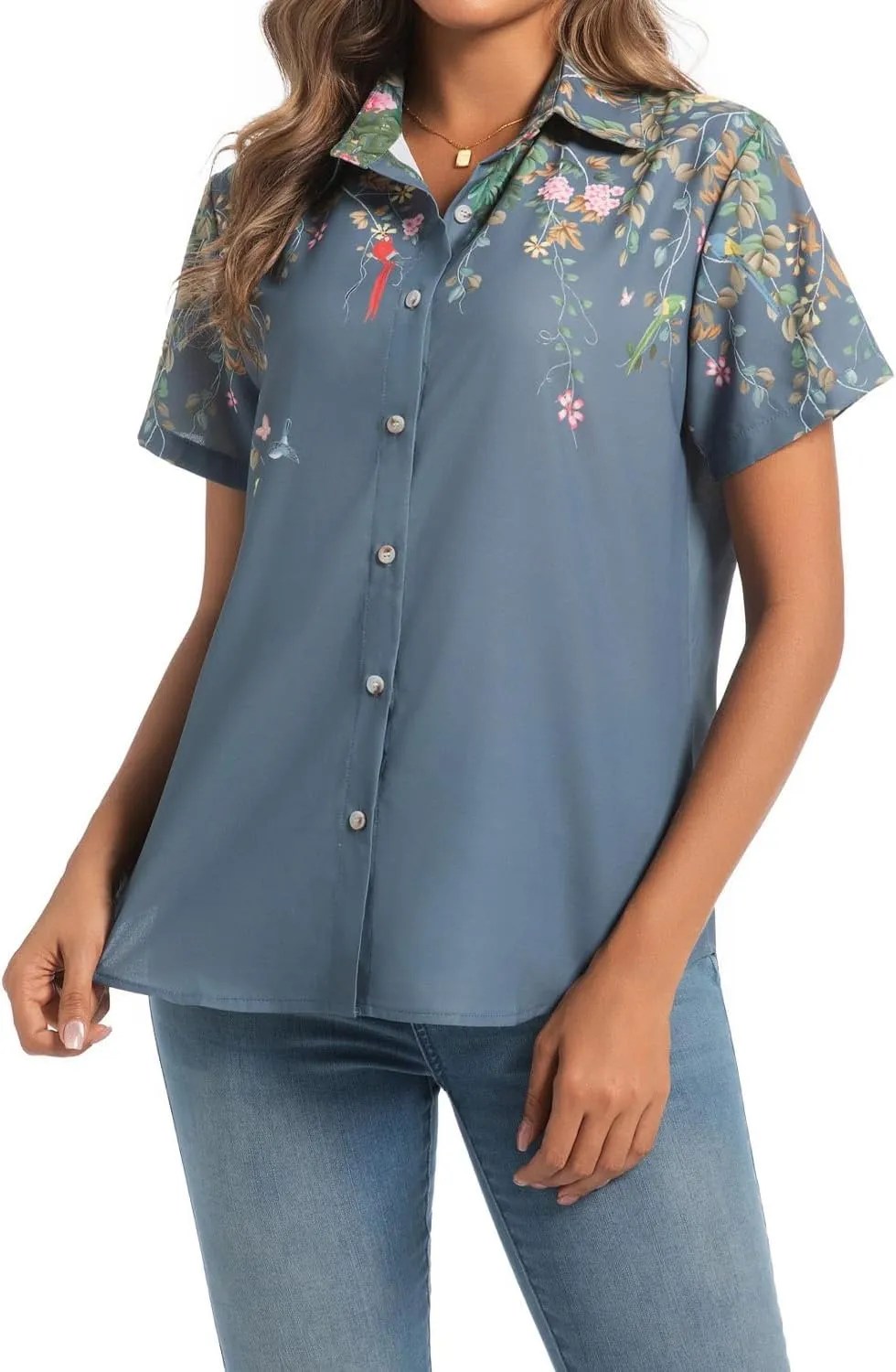Womens Button Down Shirts Short Sleeve Summer Linen V Neck Collared Hawaiian Floral Print Cat Casual Blouse Tops