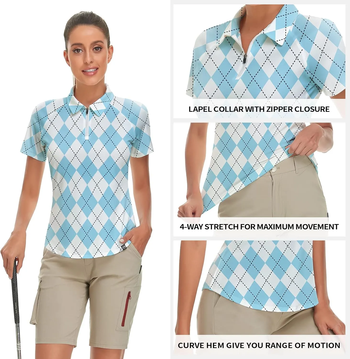 Women's Golf Shirt Short Sleeve Tennis Shirt Quarter Zip Golf Pullover Golf Polo Shirts Argyle Tops